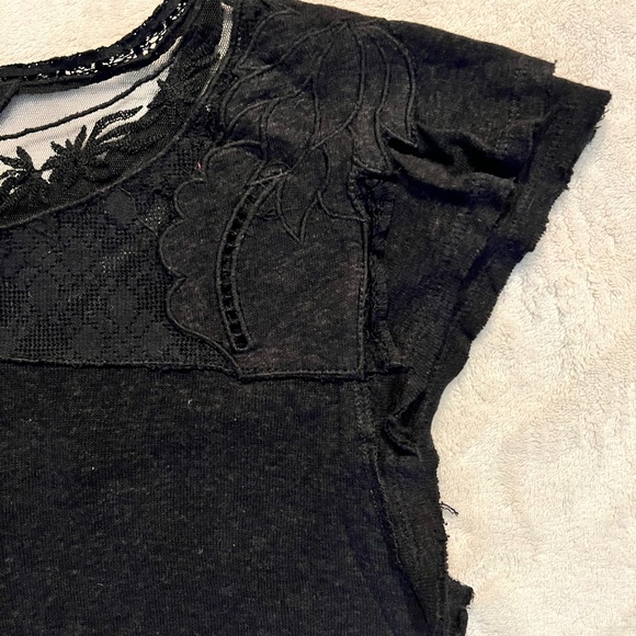 2/$8 Free People Black Mesh Yoke Lace Crop Top w/ Flutter Sleeve, Raw Hem Detail - Picture 4 of 5
